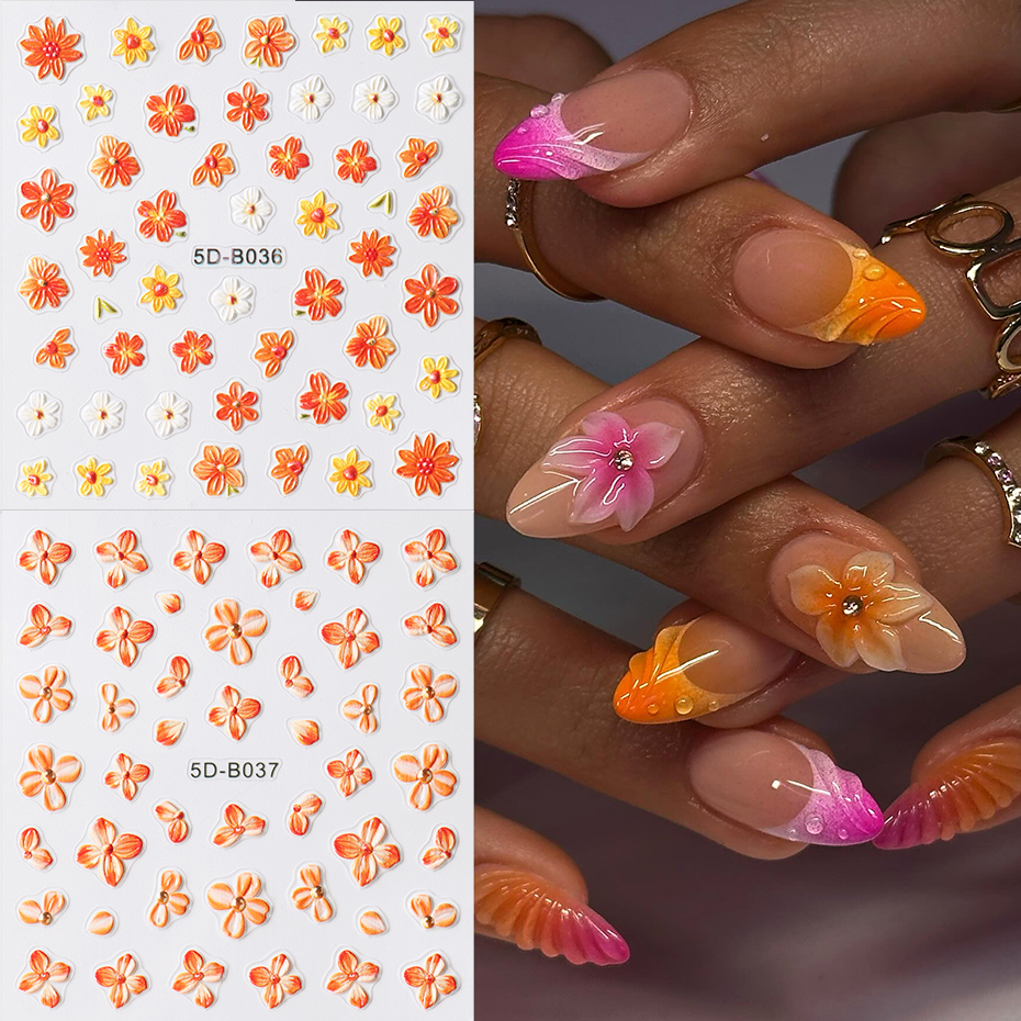 Nail Art Orange - 2pcs Orange Flower Nail Sticker Decals