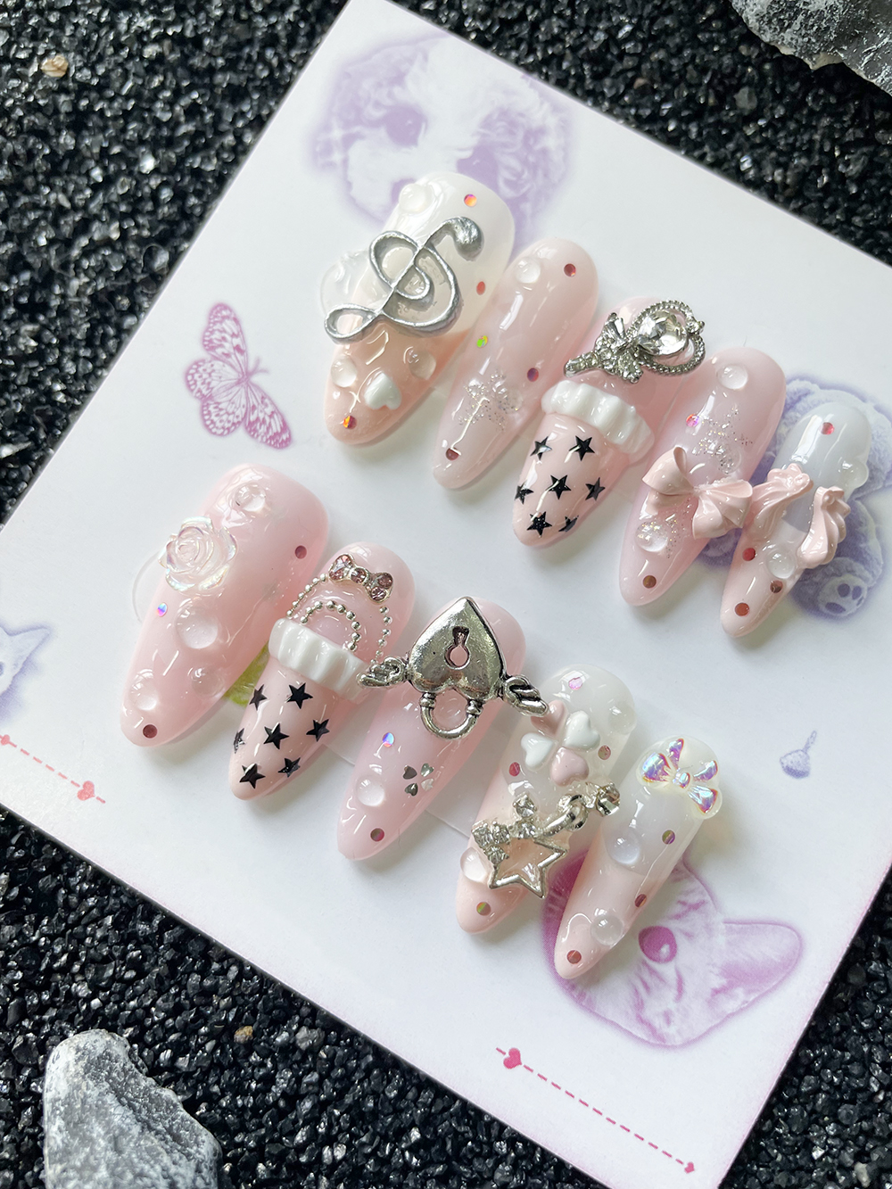 Nail Art Love - 10Pcs Handmade Pink Sweet Long Fake