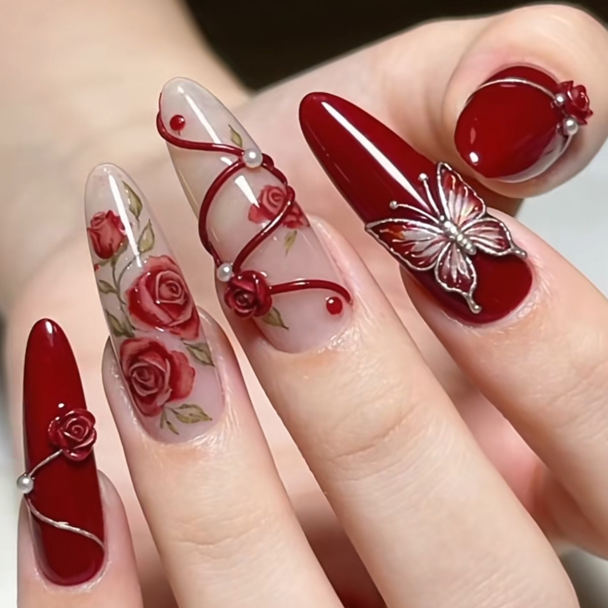 Nail Art Burgundy - 24PCS Burgundy Press on Nails Almond