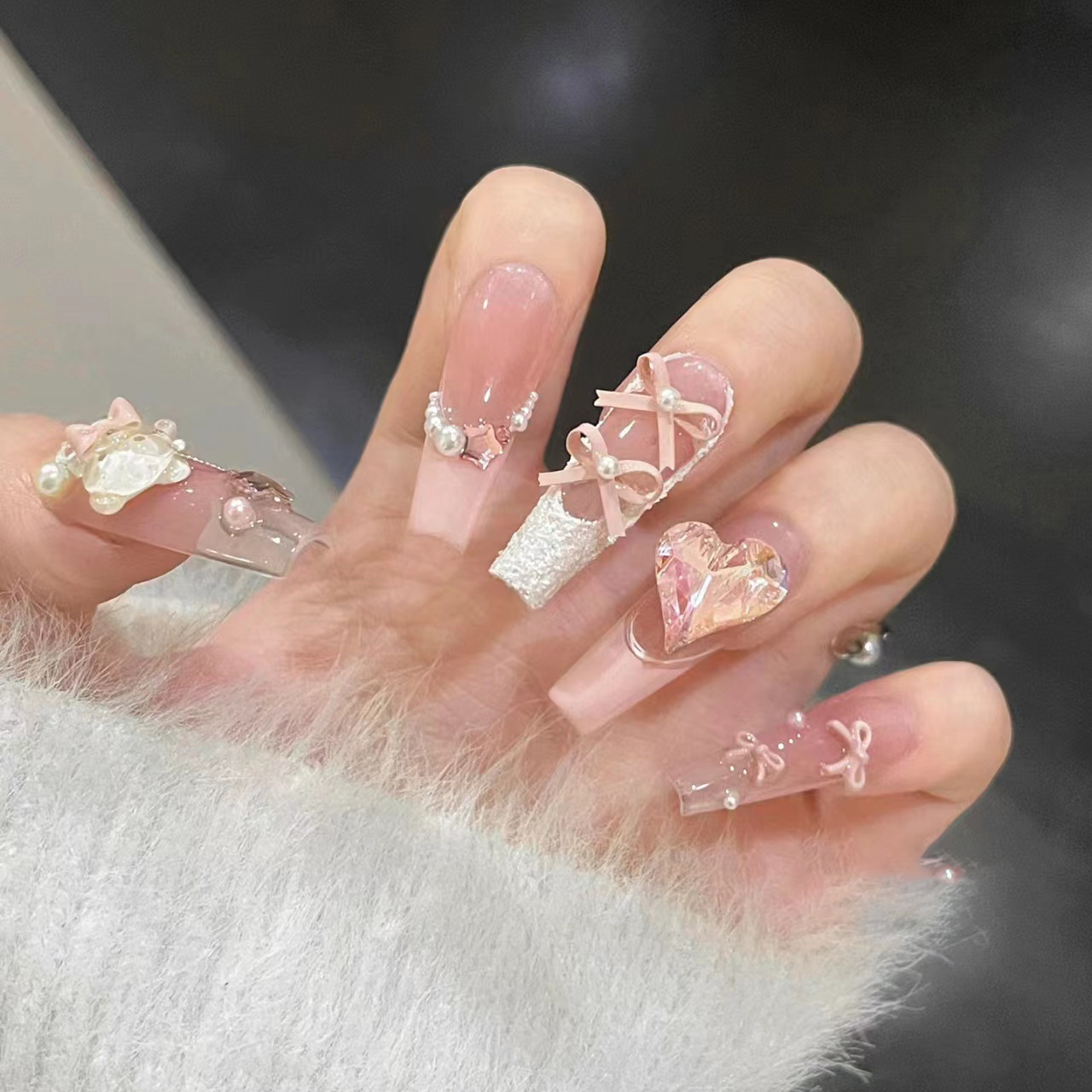 Nail Art Love - 10pcs Handmade Luxury Long Square Pink