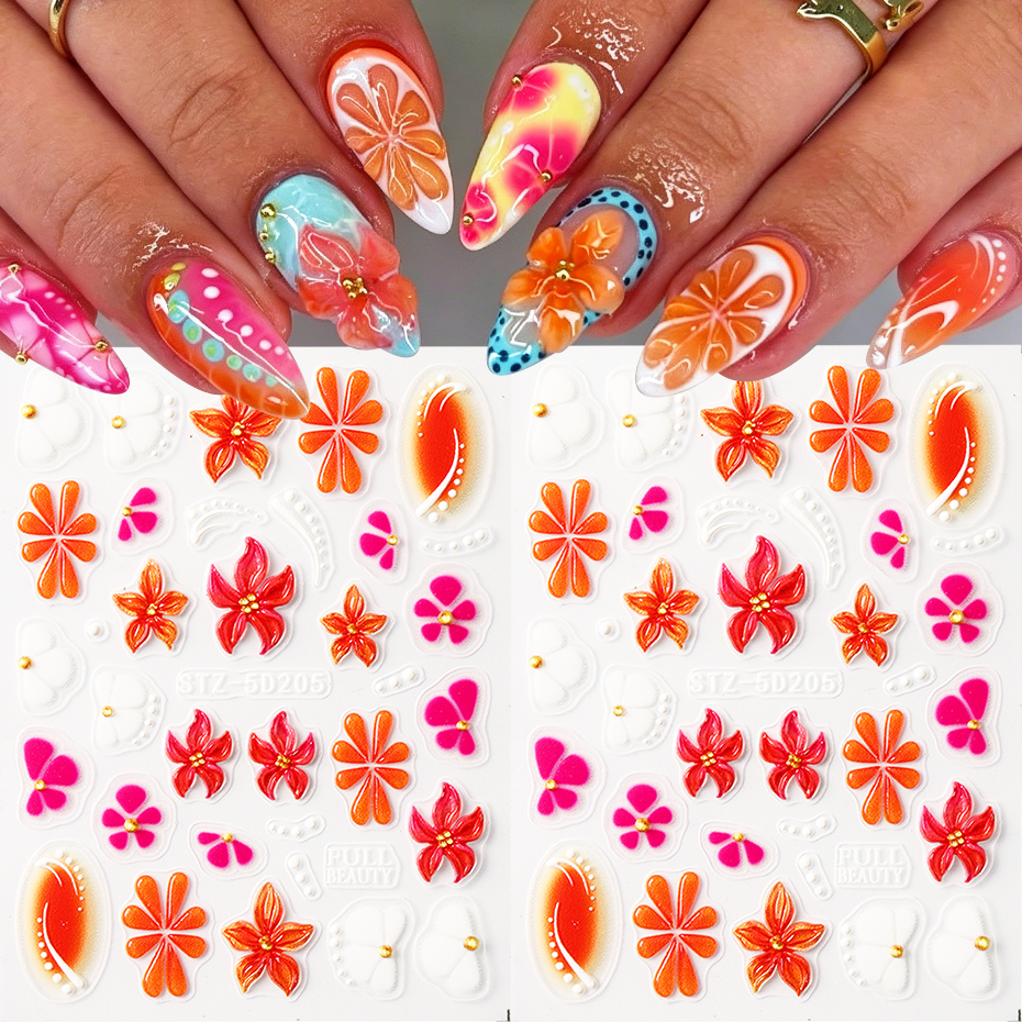 Nail Art Orange - 1/2pcs mbossed Summer Flower Nail Stickers