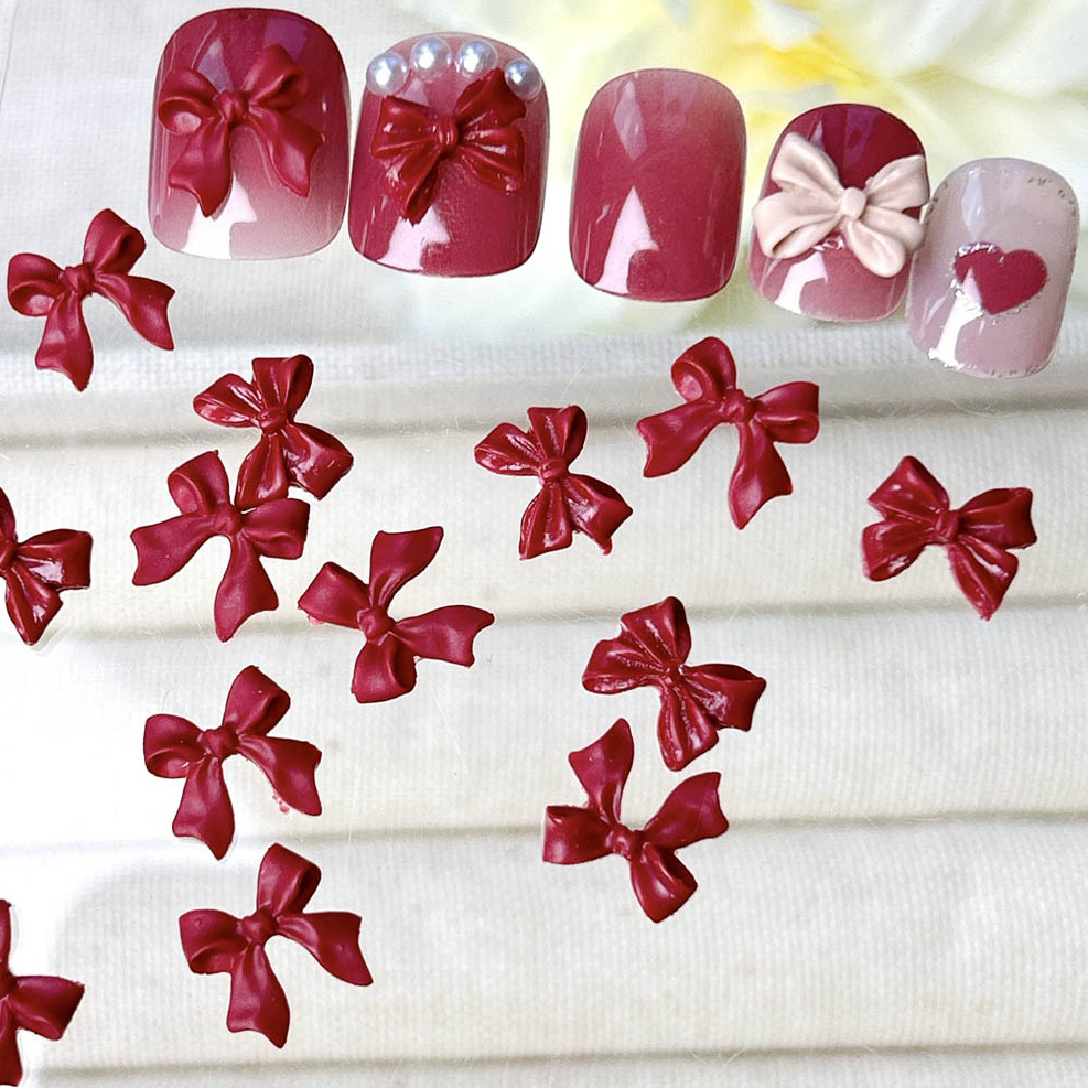 Nail Art Burgundy - 50PCS Burgundy 3D Acrylic Bow Nail