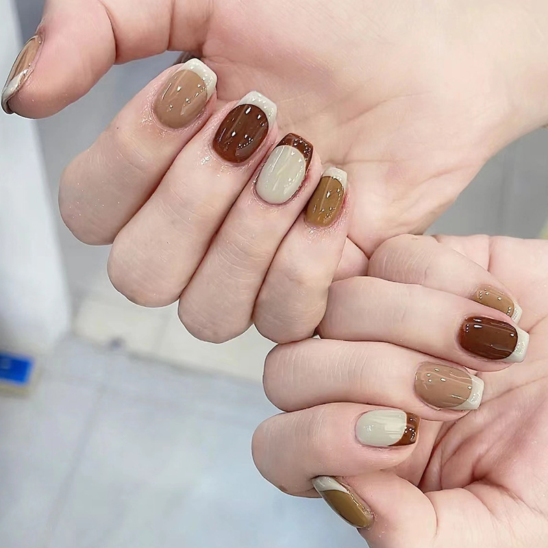 24Pcs Caramel Brown Ombre Glit - Nail Art Aesthetic ulasan dan harga