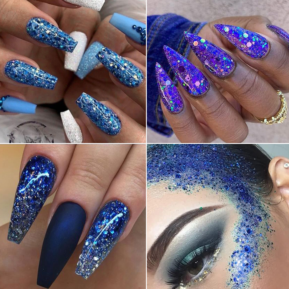 4Pcs Blue Mixed Hexagon Nail A - Nail Glitter Chrome ulasan dan harga