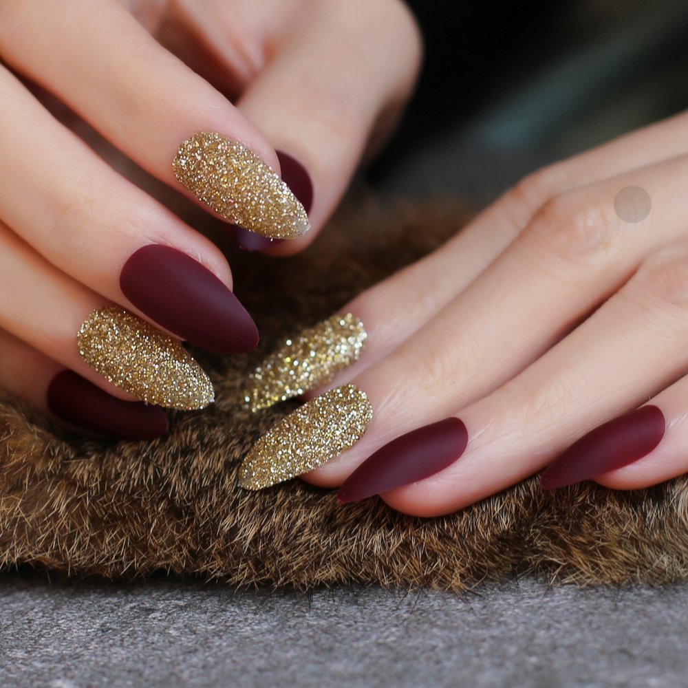 Almond matte with Glitter MIX  - Nail Art Burgundy ulasan dan harga