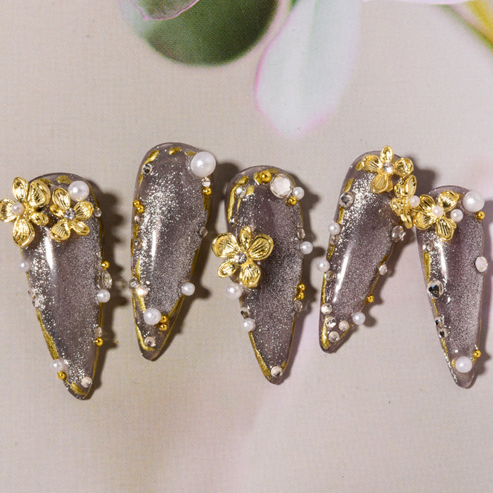 10pcs Gold Rhinestone Flower 3 - Nail Art Lilac ulasan dan harga