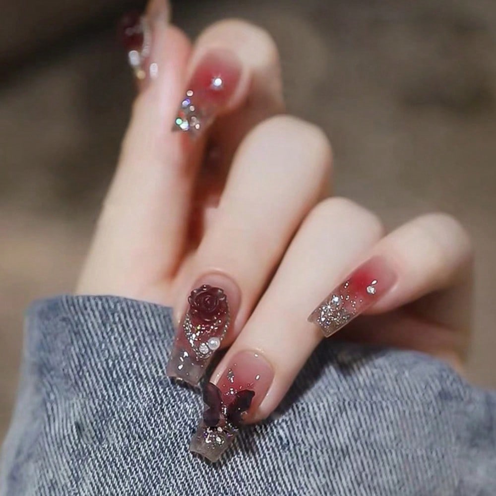 24Pcs Red Rose Butterfly Press - Nail Art Aesthetic ulasan dan harga