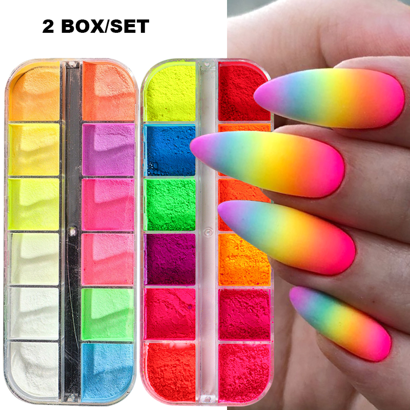 2 Box Neon Rainbow Nail Pigmen - Nail Glitter Chrome ulasan dan harga