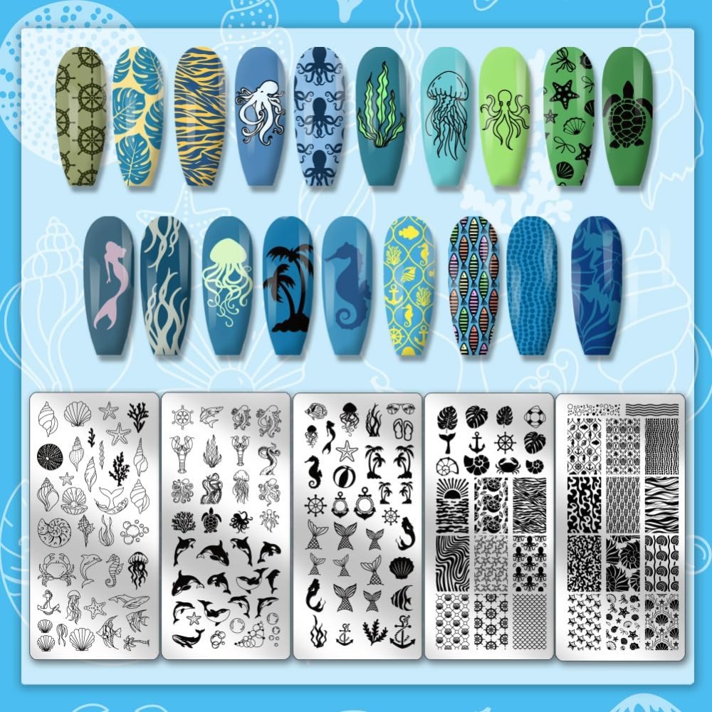5pcs Ocean Theme Nail Stamping - Nail Art Inspo ulasan dan harga